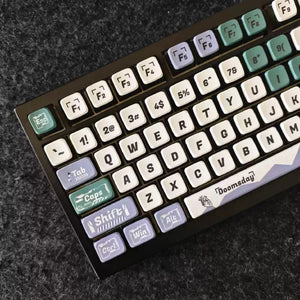 Close-up of the white teal and lavender Doomsday keycaps