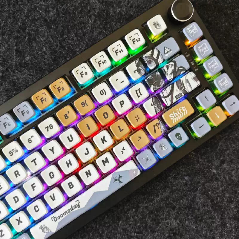 Doomsday mecha themed keycap set on an RGB keyboard